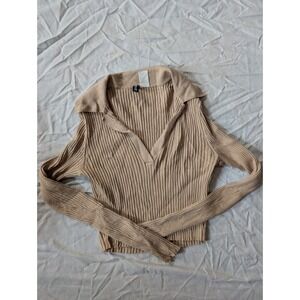 H&M Divided Ribbed Collared Long Sleeve Cropped Top Beige Size S